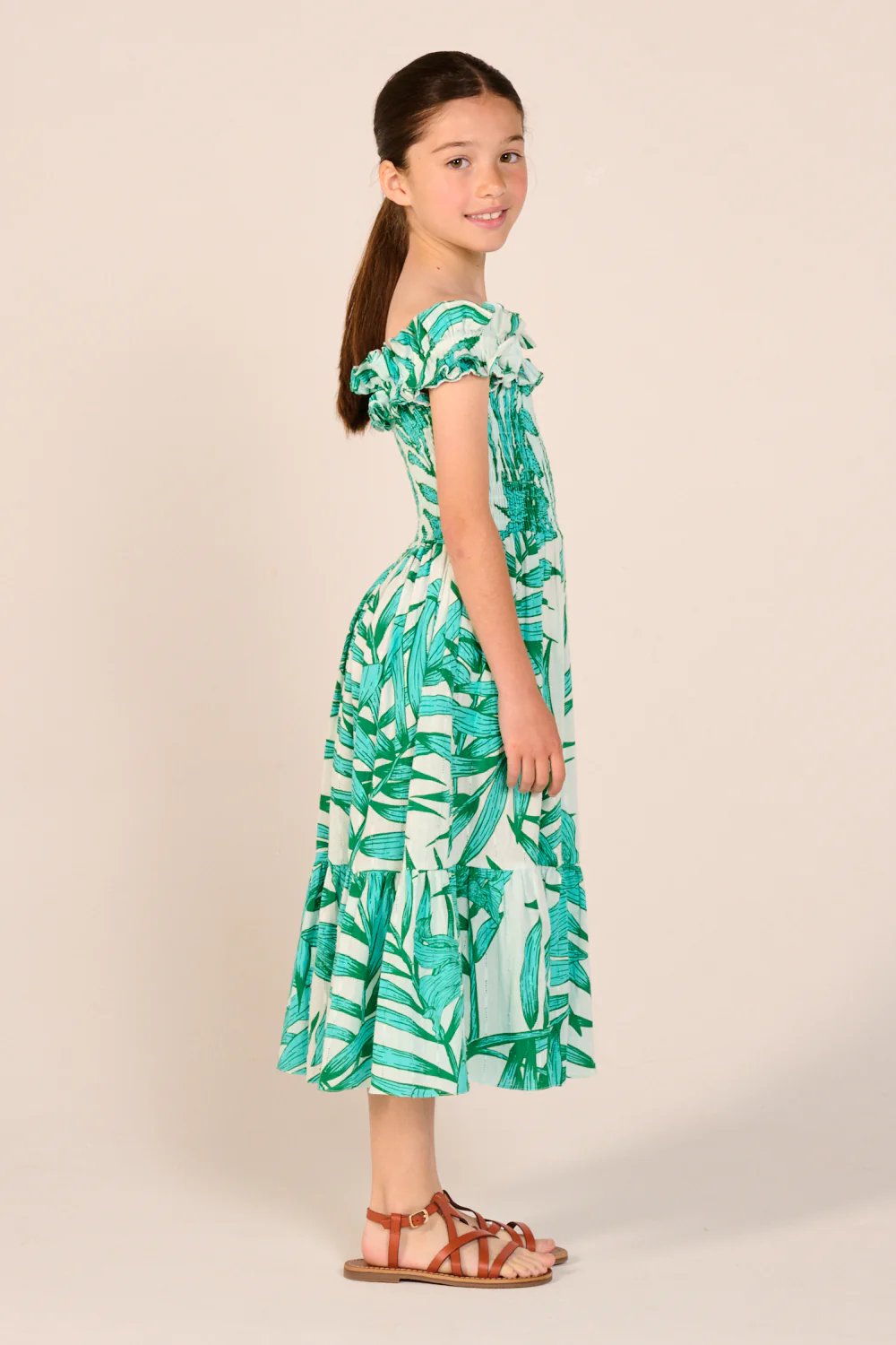 Long Dress Suzanne for girls - Green Palm Leaf - Image 4