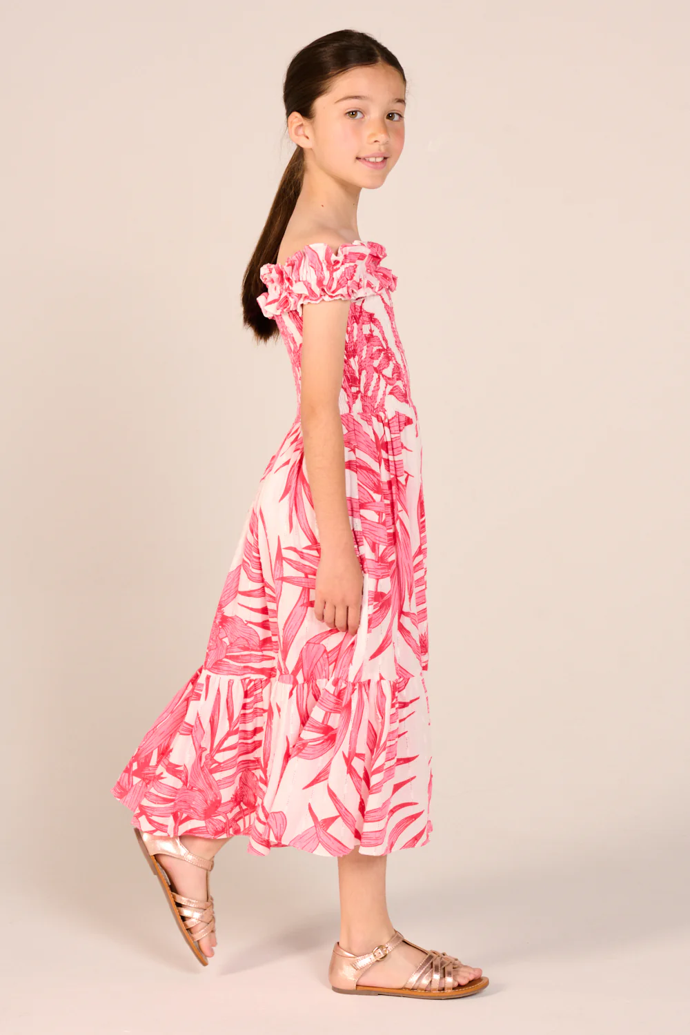Long Dress Suzanne for girls - Pink Palm Leaf - Image 3
