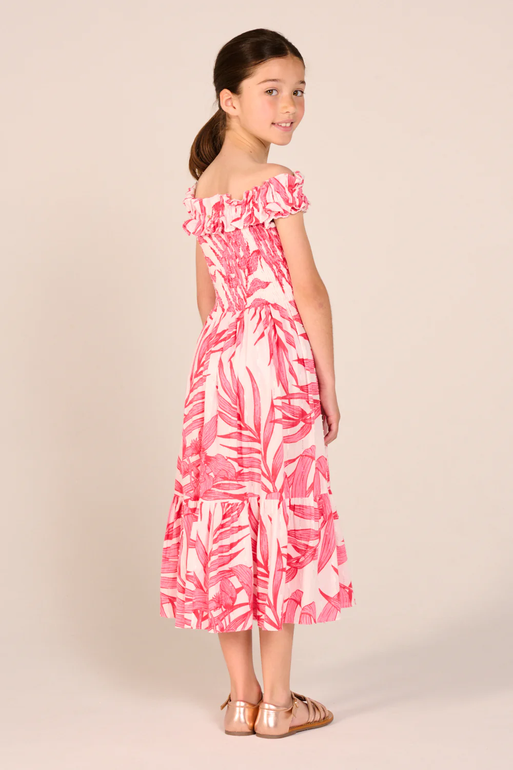 Long Dress Suzanne for girls - Pink Palm Leaf - Image 4