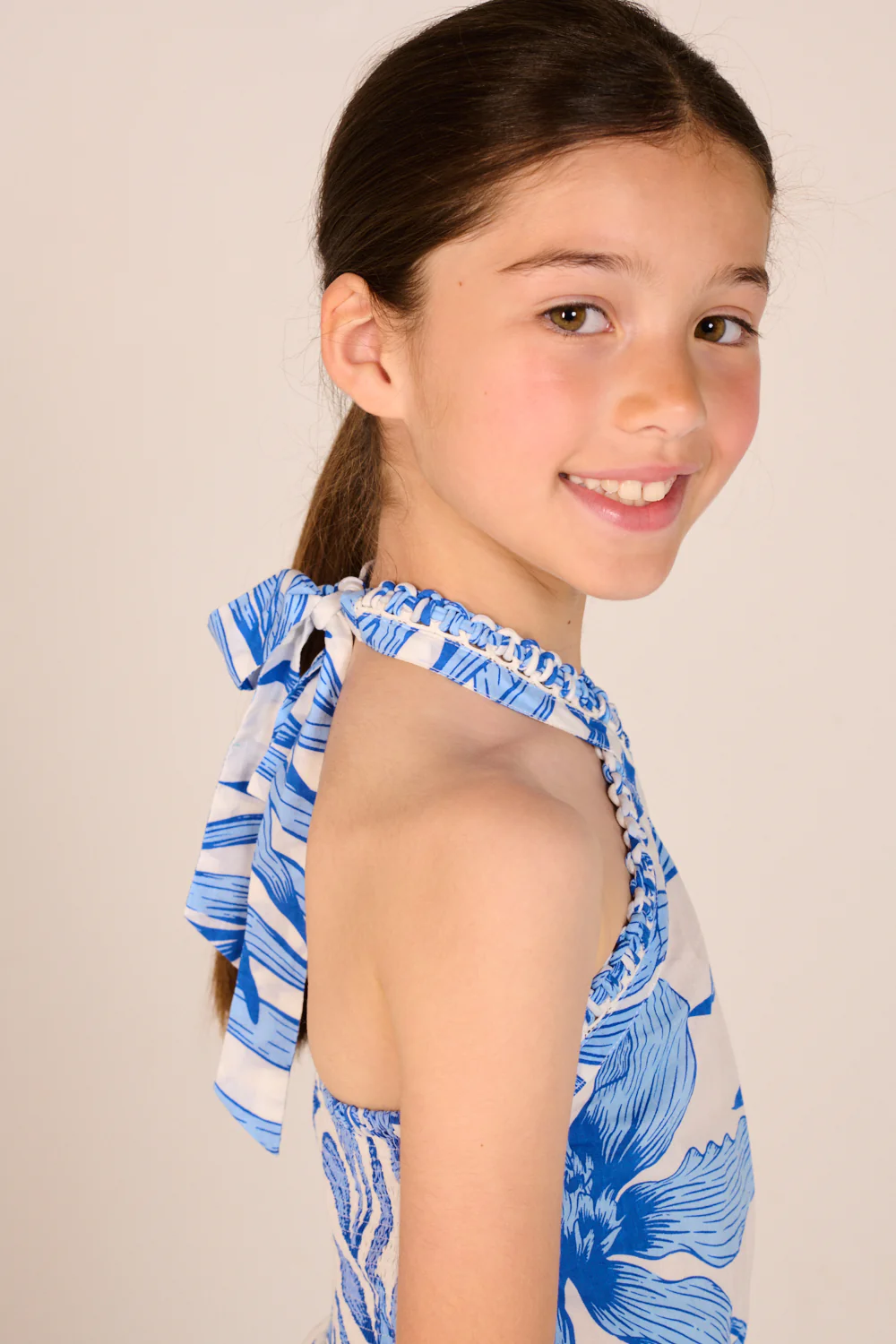 Mini Dress Manon for girls - Blue Palm Leaf - Image 4