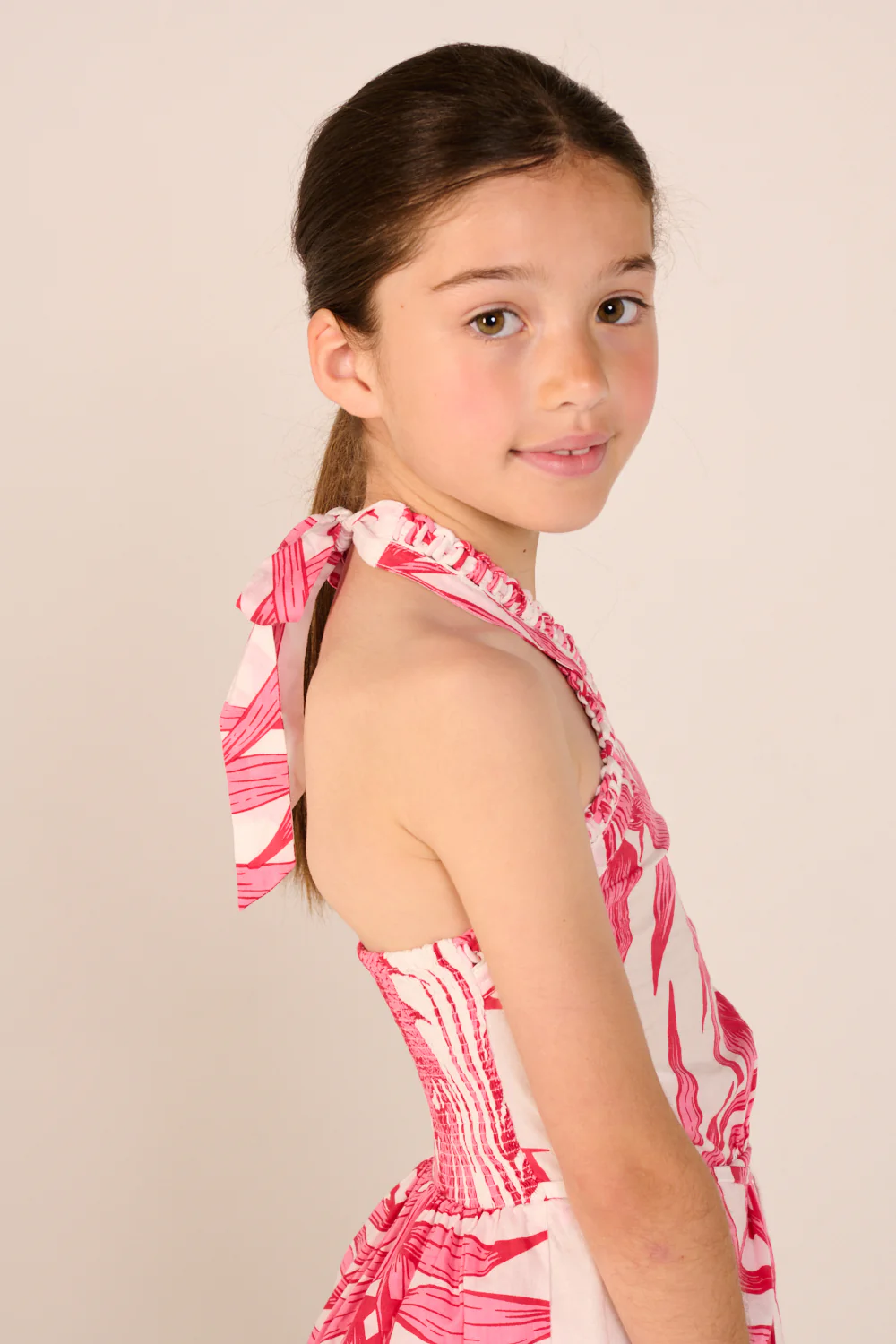 Mini Dress Manon for girls - Pink Palm Leaf - Image 4